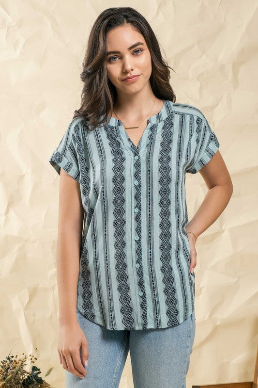 GEOMETRIC PATTERN WOVEN TOP - DUSTY SAGE
