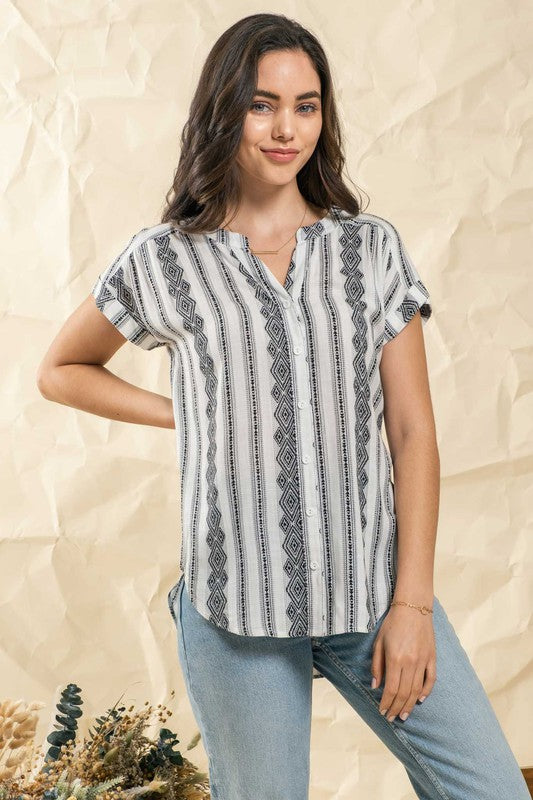 GEOMETRIC PATTERN WOVEN TOP - IVORY