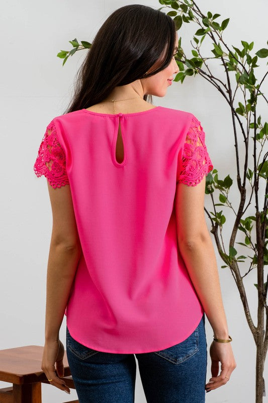 LACE SLEEVE WOVEN TOP