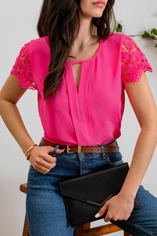 LACE SLEEVE WOVEN TOP