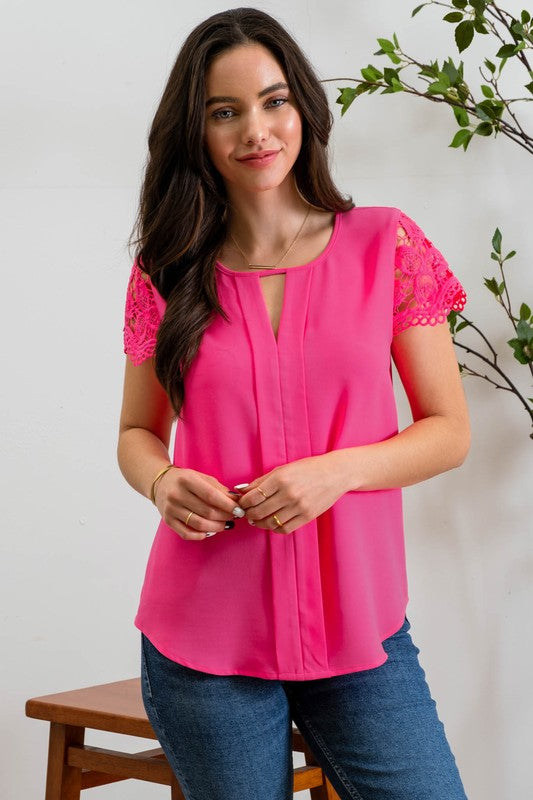 LACE SLEEVE WOVEN TOP