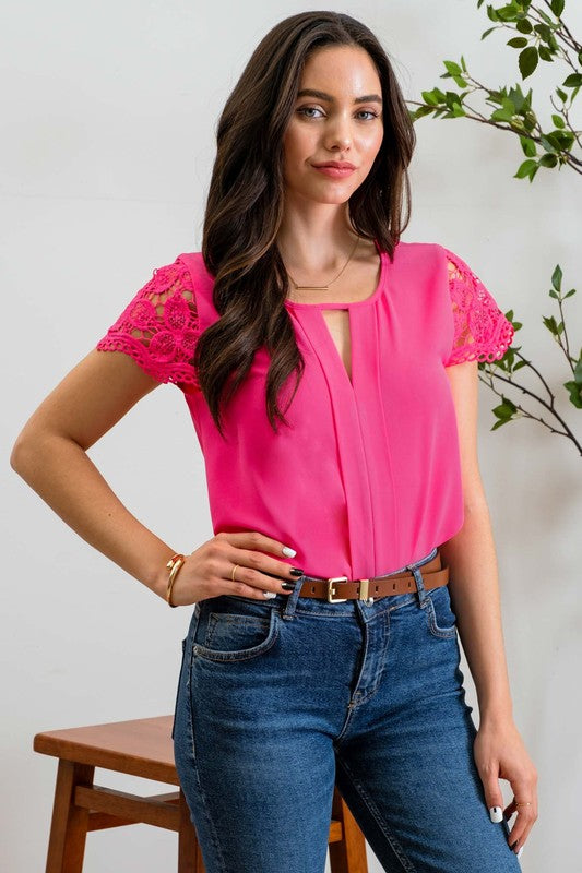 LACE SLEEVE WOVEN TOP