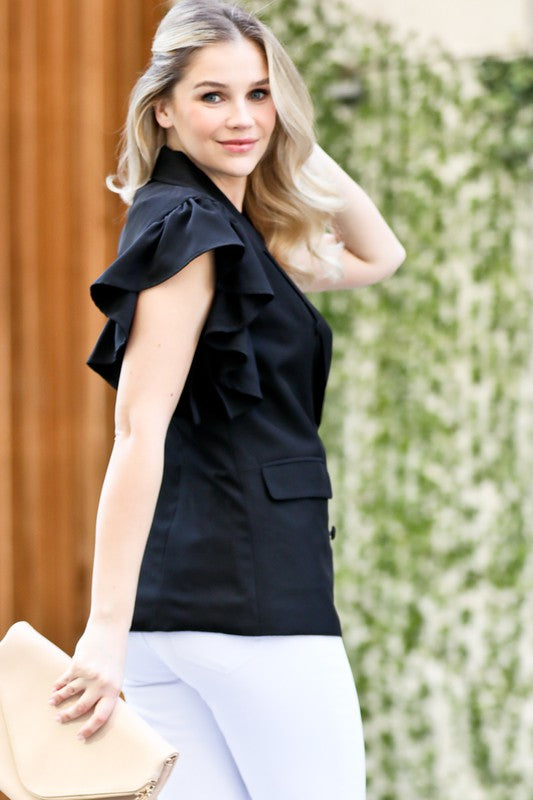 RUFFLE SHOULDER DOUBLE BUTTON BLAZER - BLACK