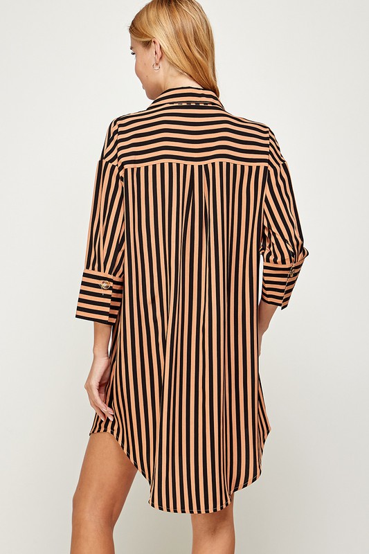 STRIPED CURVED HEM DRESS - MOCHA