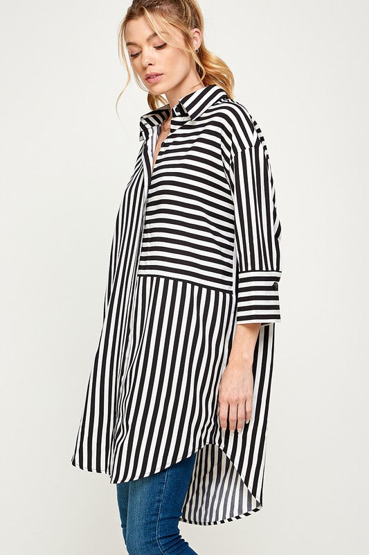 STRIPED CURVED HEM DRESS - BLACK & WHITE