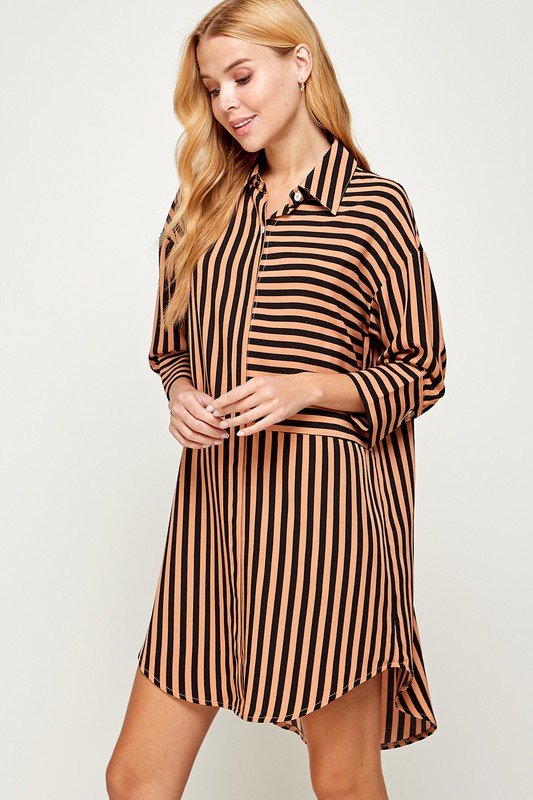 STRIPED CURVED HEM DRESS - MOCHA