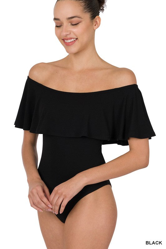 RUFFLE OFF SHOULDER BODYSUIT - BLACK