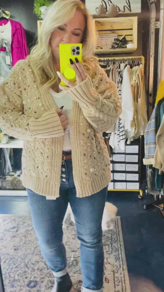 Load and play video in Gallery viewer, PEARL EMBELLISHED CARDIGAN
