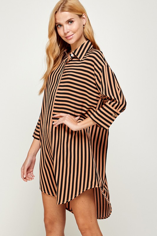 STRIPED CURVED HEM DRESS - BLACK & WHITE