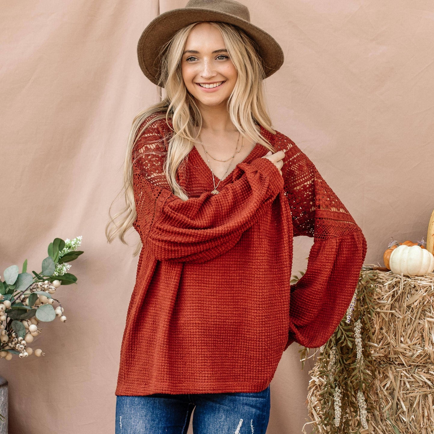 Rust Laced Waffle Top