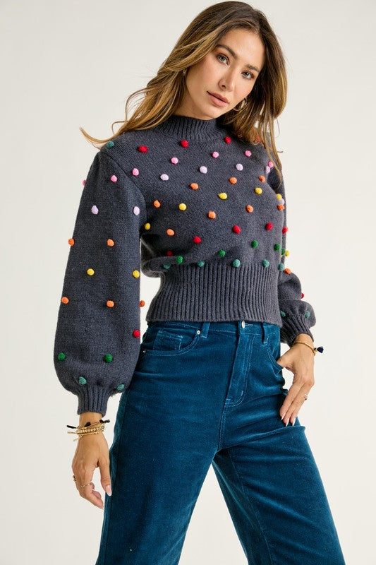 RAINOW POMPOM MOCK NECK SWEATER