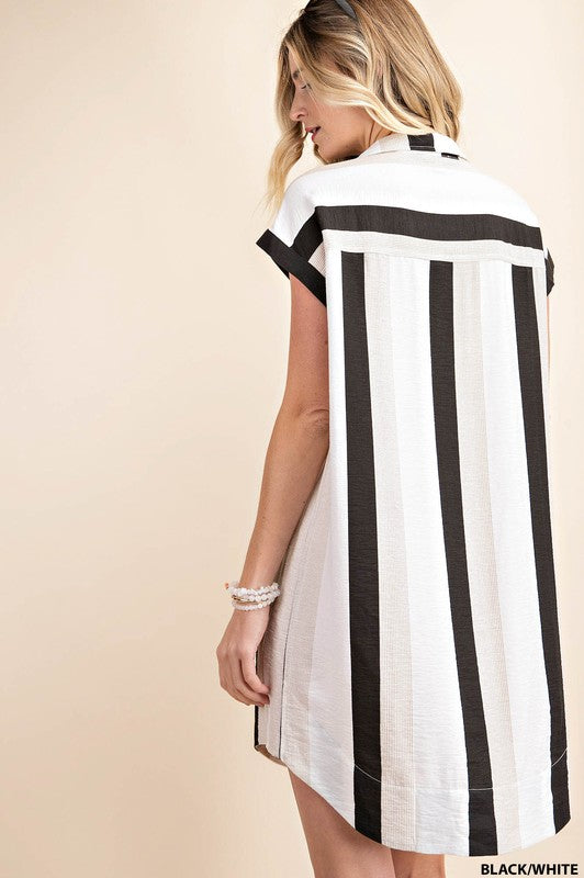 Load image into Gallery viewer, STRIP SHIRT COLLAR TUNIC DRESS - BLACK
