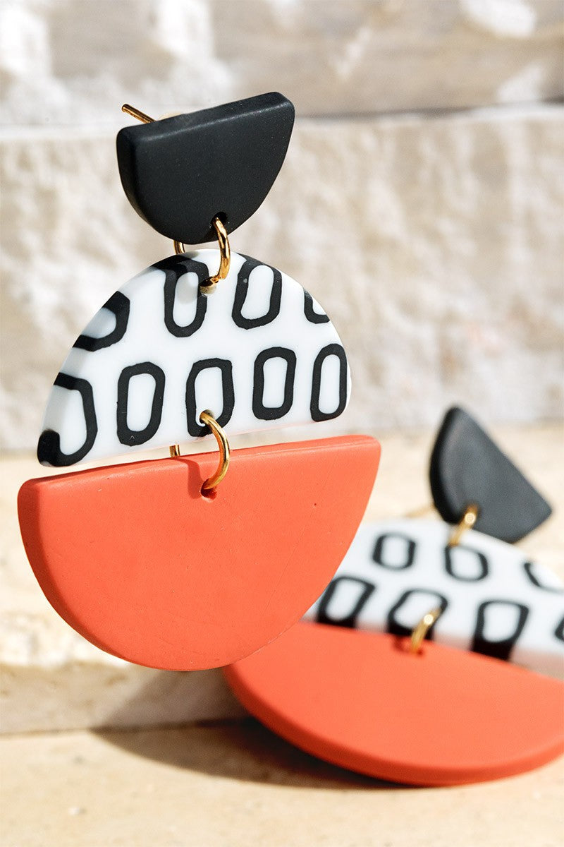 Stylish handmade retro polymer clay color block fan dangle drop earrings
