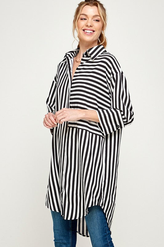 STRIPED CURVED HEM DRESS - BLACK & WHITE