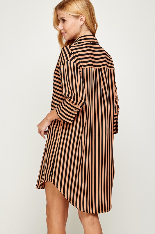 STRIPED CURVED HEM DRESS - MOCHA