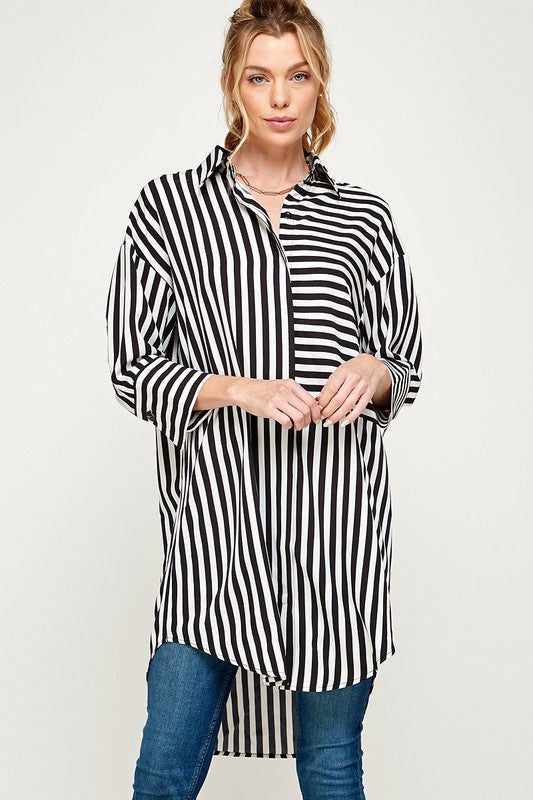 STRIPED CURVED HEM DRESS - BLACK & WHITE