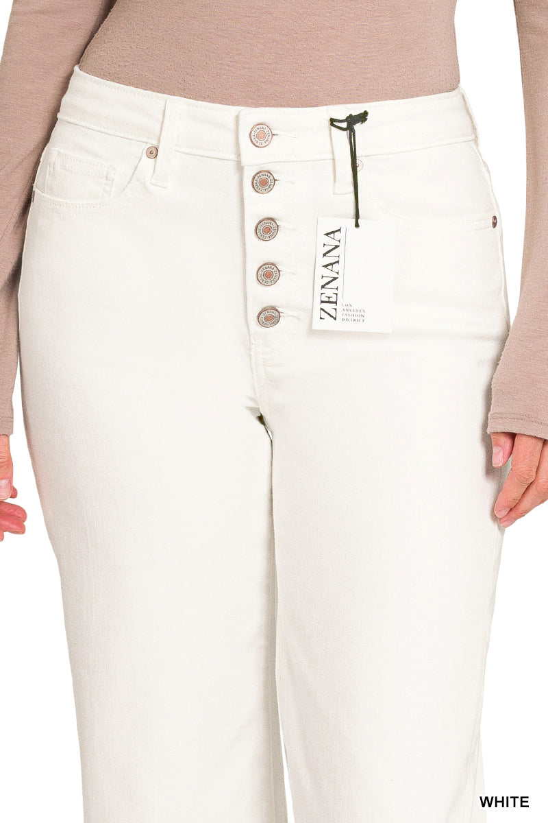BUTTON FLY RAW HEM WIDE LEG WHITE DENIM PANTS