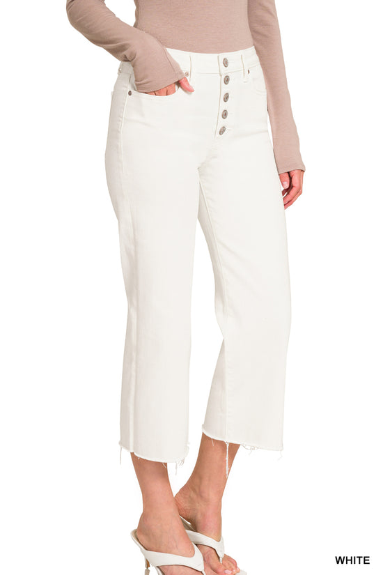 BUTTON FLY RAW HEM WIDE LEG WHITE DENIM PANTS