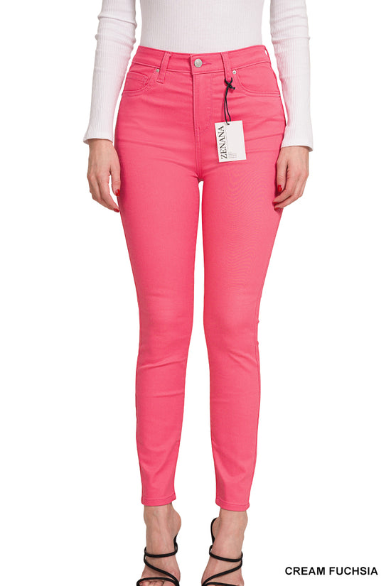 HIGH-RISE SKINNY COLOR DENIM PANTS - FUCHSIA