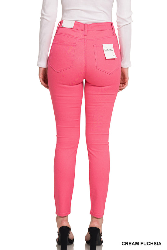 HIGH-RISE SKINNY COLOR DENIM PANTS - FUCHSIA