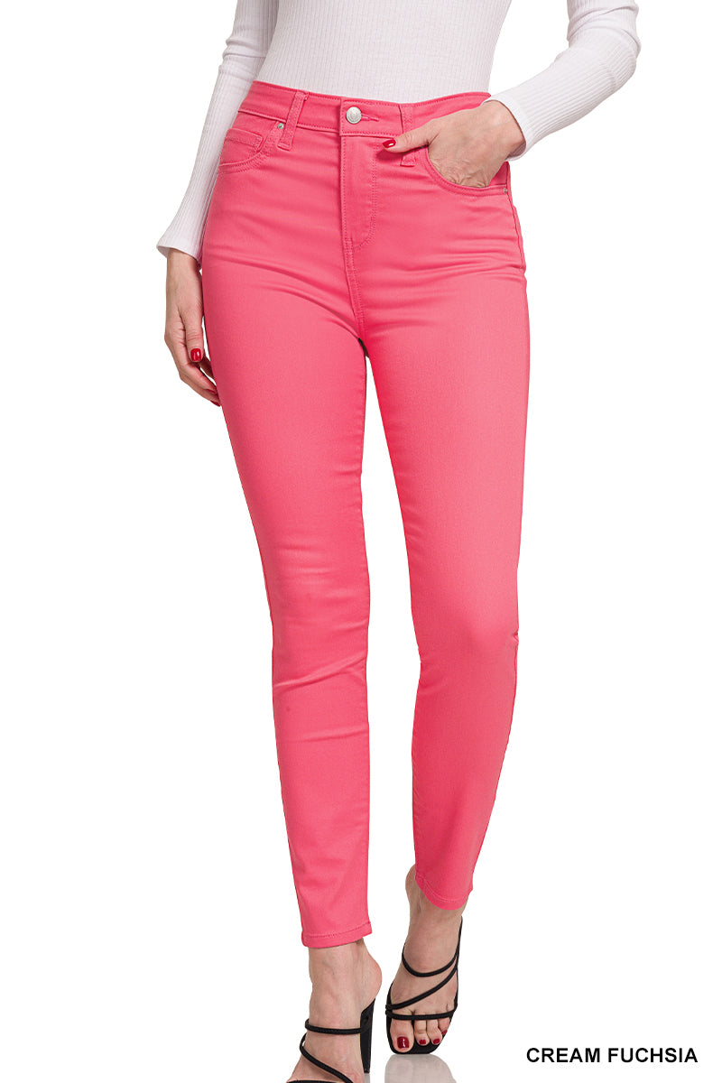 HIGH-RISE SKINNY COLOR DENIM PANTS - FUCHSIA