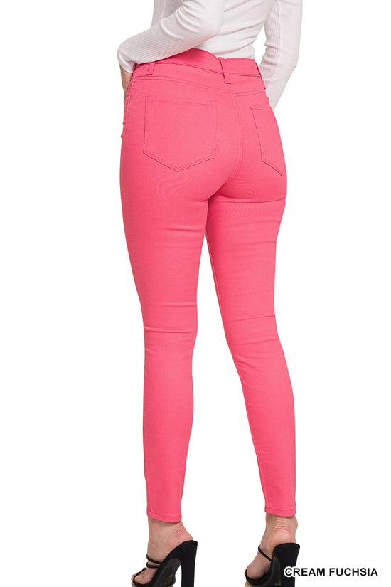 HIGH-RISE SKINNY COLOR DENIM PANTS - FUCHSIA