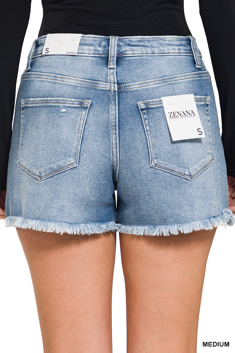 FRAYED HEM BUTTON FLY DENIM SHORTS - MEDIUM BLUE