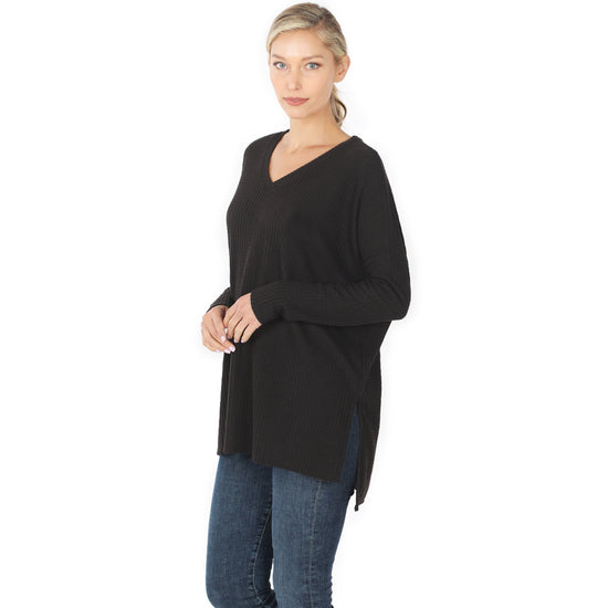 WAFFLE V-NECK HI-LOW HEM SWEATER - 4 COLORS