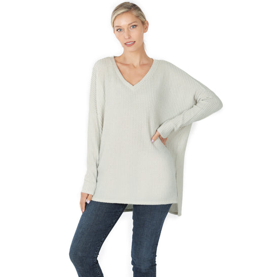 WAFFLE V-NECK HI-LOW HEM SWEATER - 4 COLORS