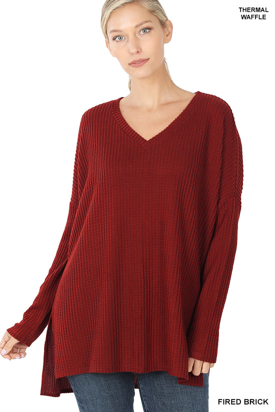 WAFFLE V-NECK HI-LOW HEM SWEATER - 4 COLORS