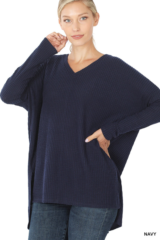 WAFFLE V-NECK HI-LOW HEM SWEATER - 4 COLORS