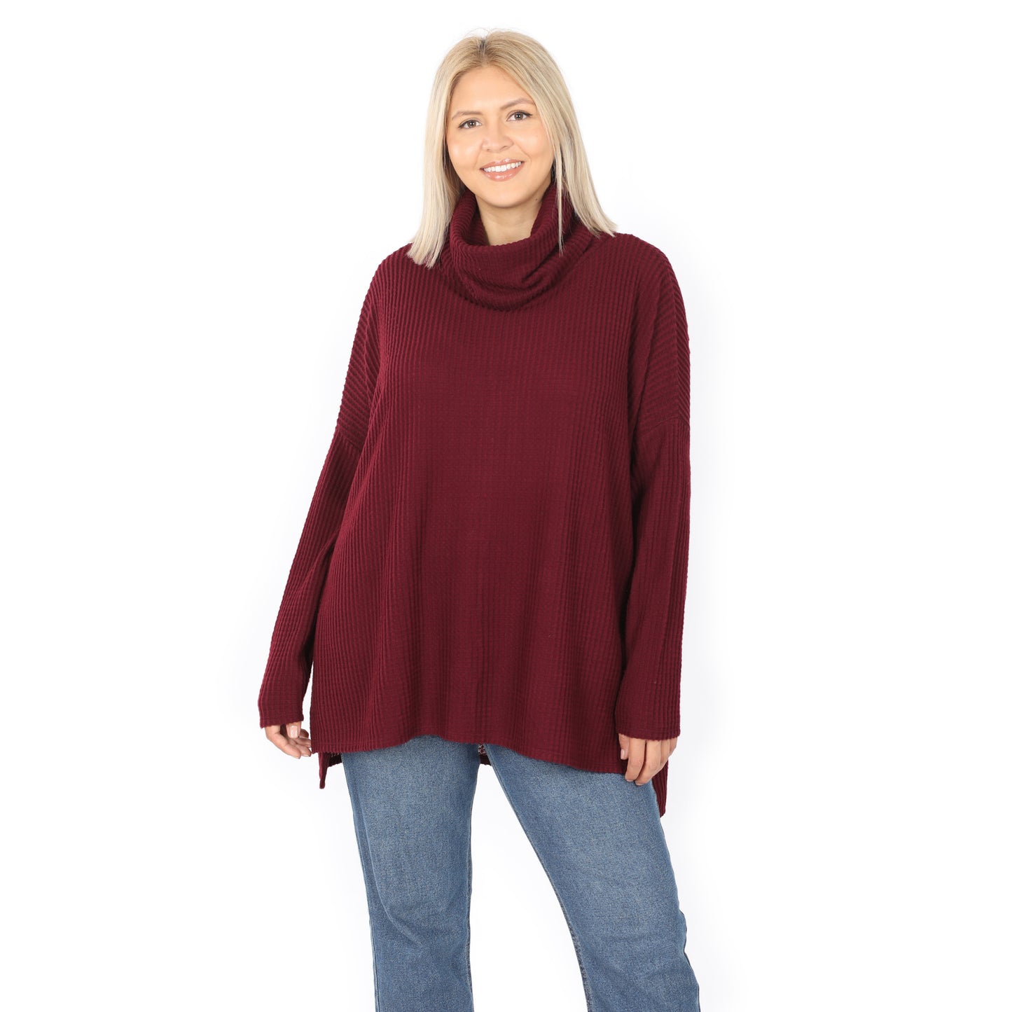 WAFFLE COWL NECK HI-LOW SWEATER