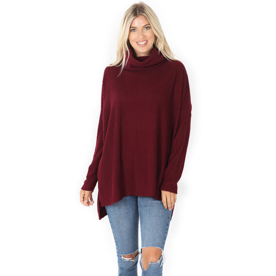 WAFFLE COWL NECK HI-LOW SWEATER