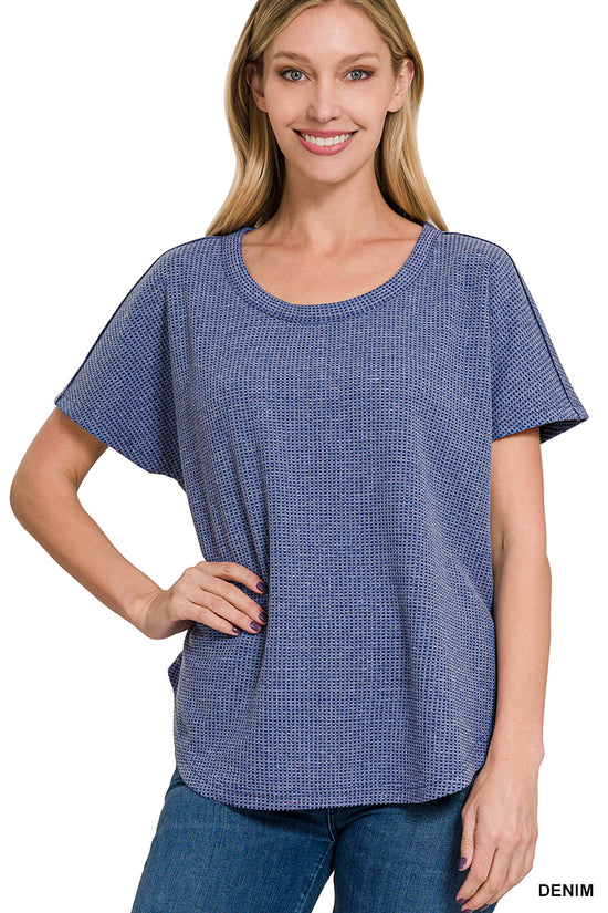 MELANGE WAFFLE SHORT SLEEVE TOP - DENIM