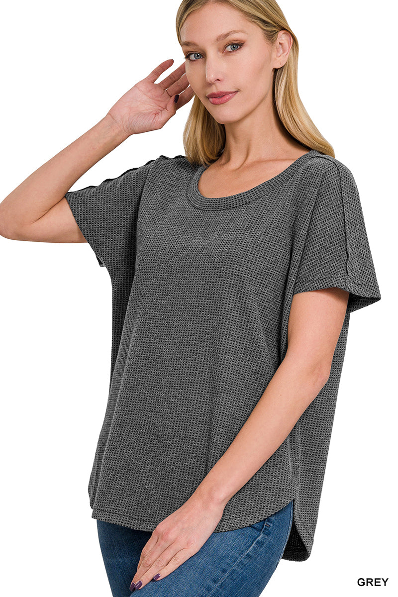 MELANGE WAFFLE SHORT SLEEVE TOP - GRAY