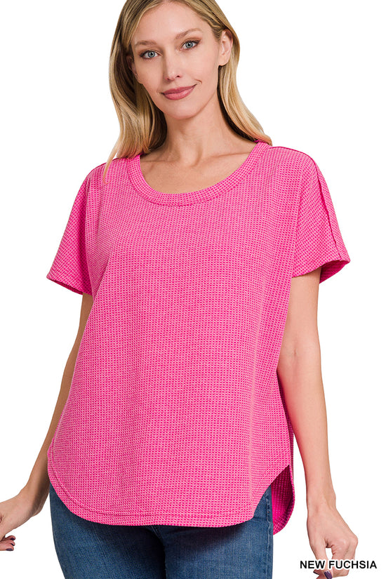 MELANGE WAFFLE SHORT SLEEVE TOP - FUCHSIA