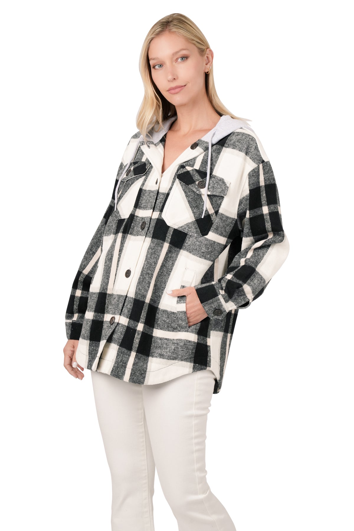 PLAID HOODED SHACKET - BLACK