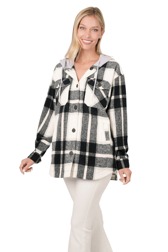 PLAID HOODED SHACKET - BLACK