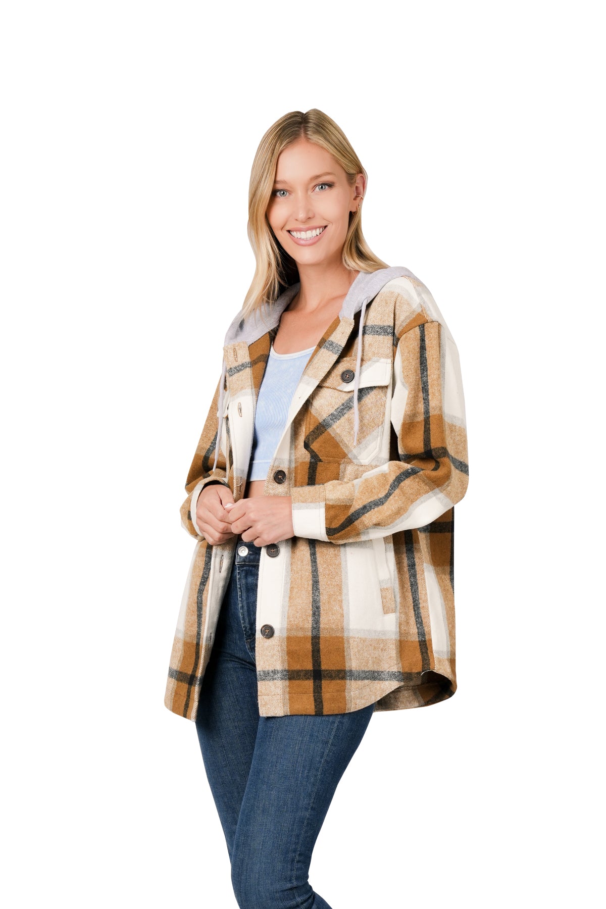 PLAID HOODED SHACKET - CAMEL