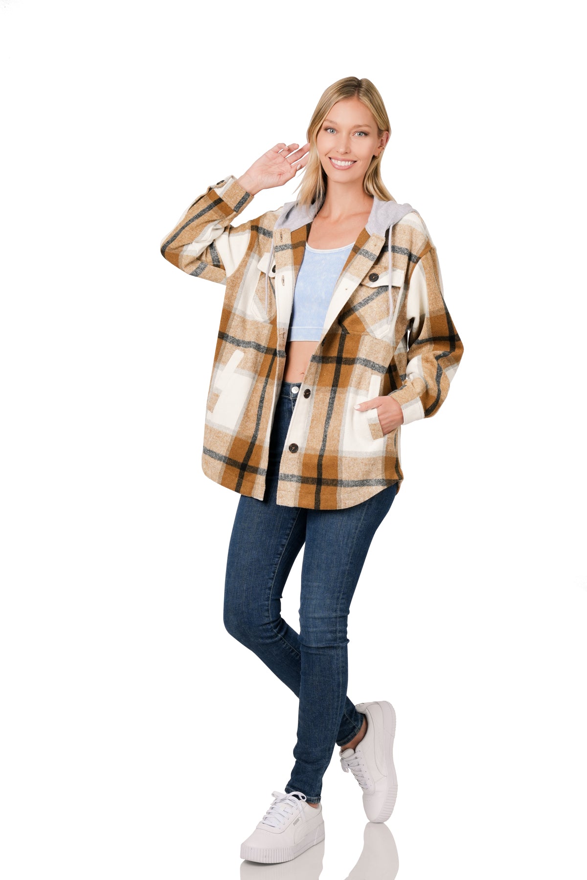 PLAID HOODED SHACKET - CAMEL