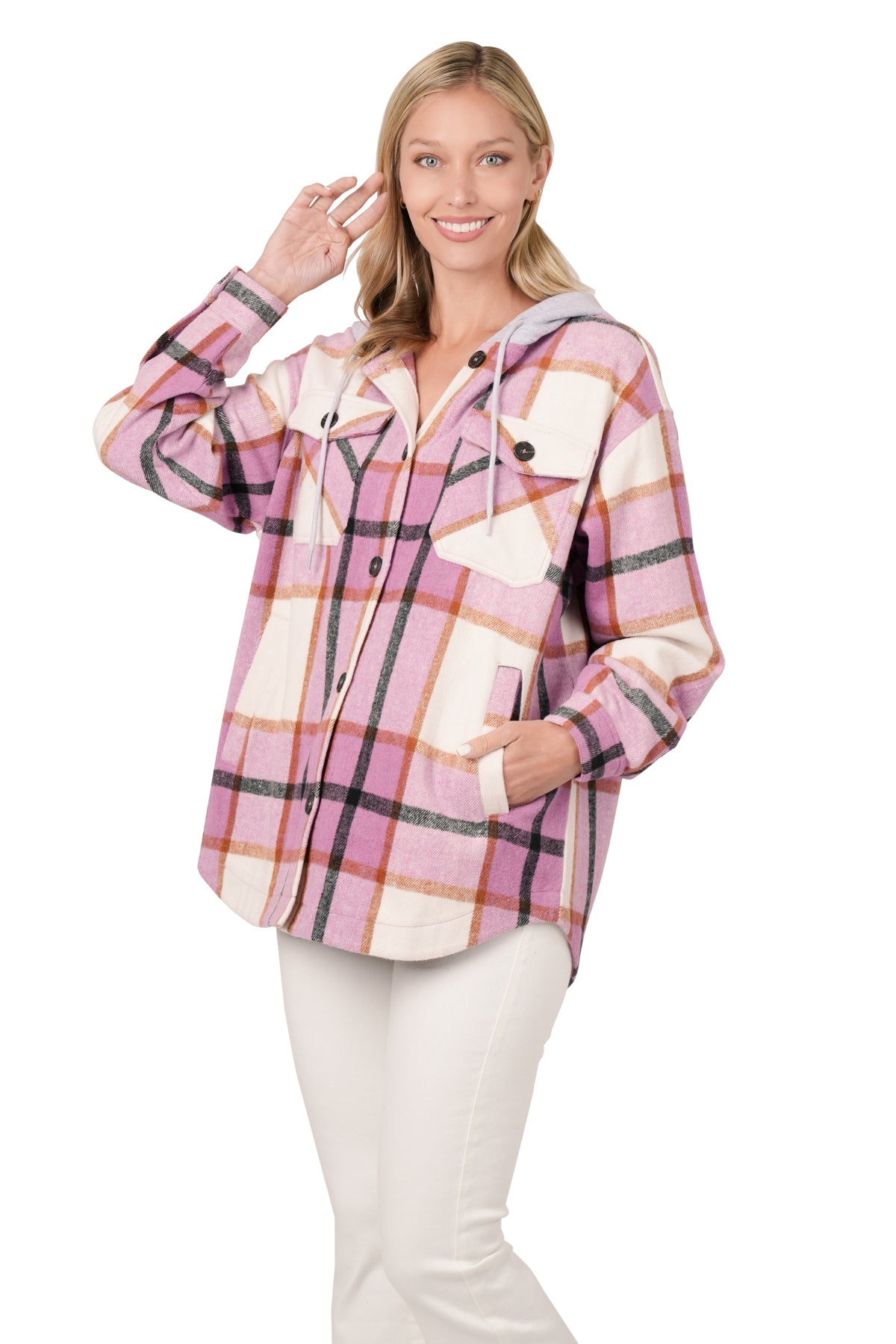 PLAID HOODED SHACKET - PINK