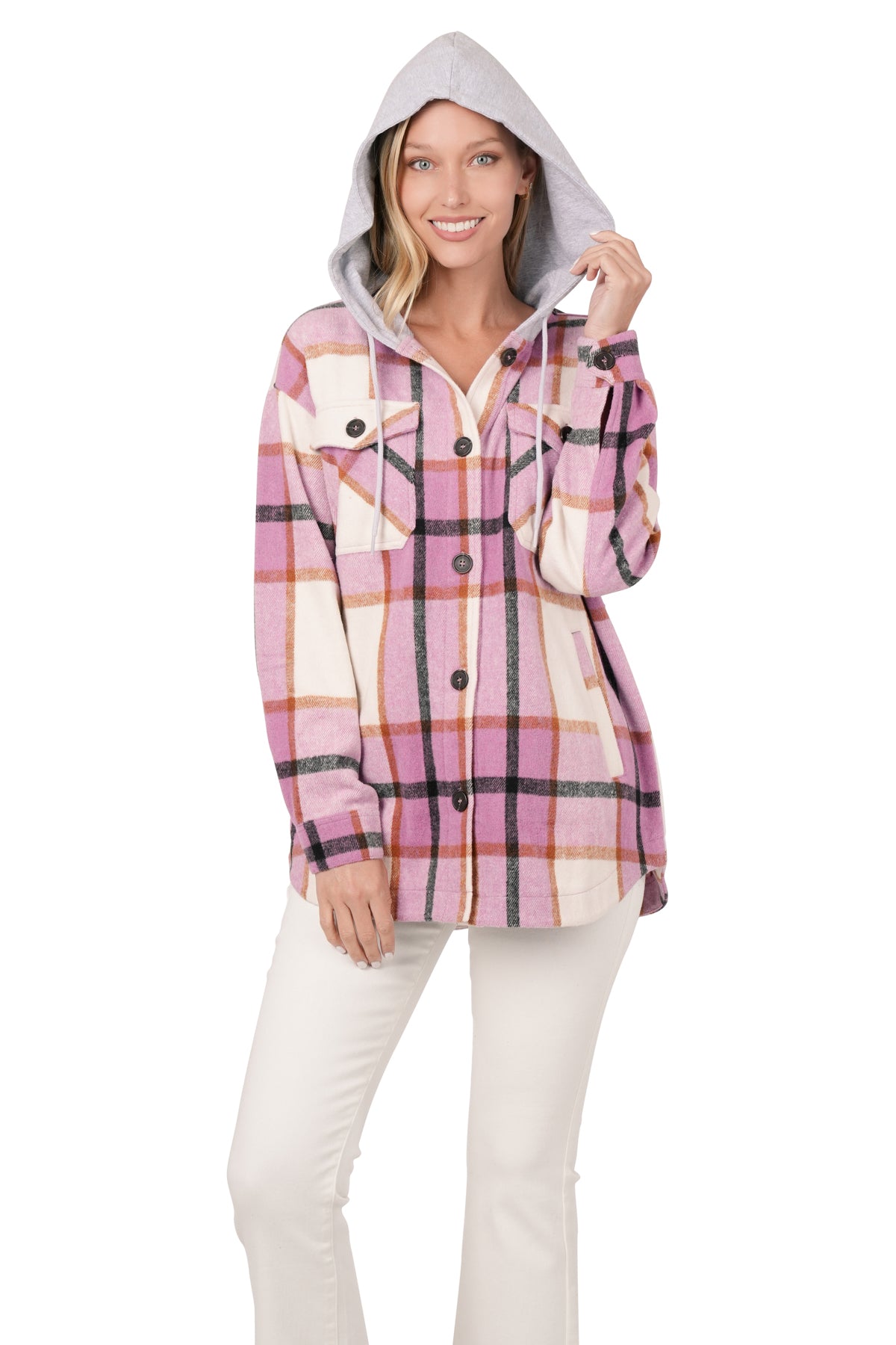 PLAID HOODED SHACKET - PINK