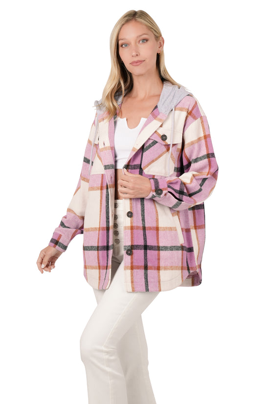 PLAID HOODED SHACKET - PINK