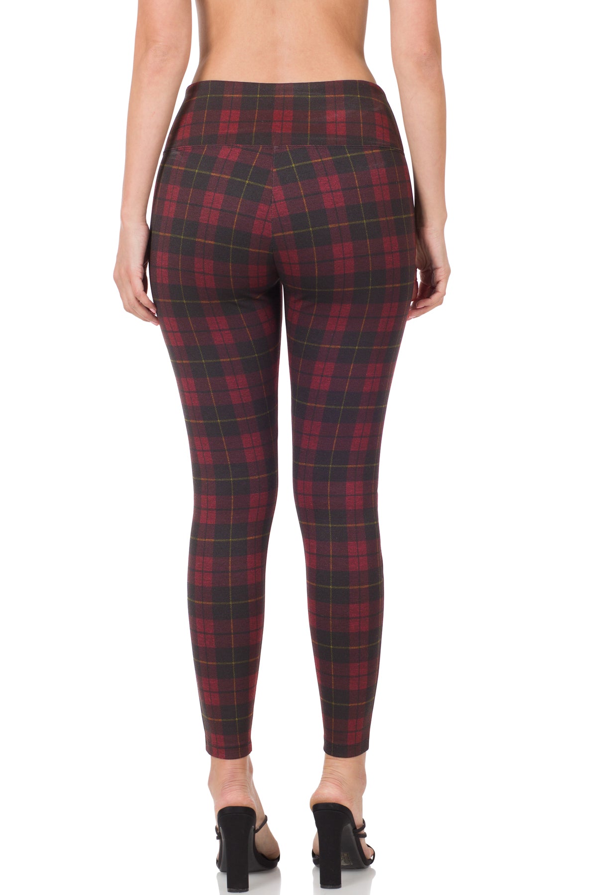 PLAID PULL-ON STRETCH SKINNY PANTS - BURGUNDY