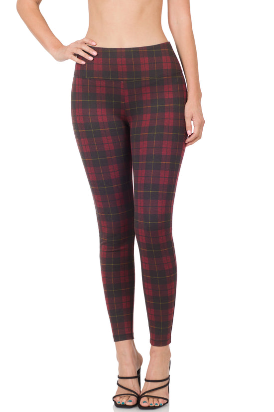 PLAID PULL-ON STRETCH SKINNY PANTS - BURGUNDY