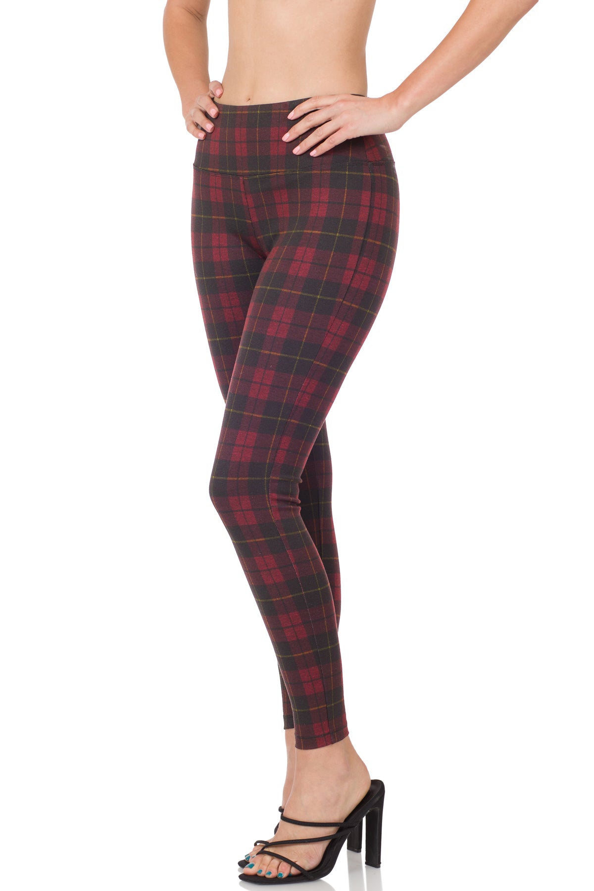 PLAID PULL-ON STRETCH SKINNY PANTS - BURGUNDY