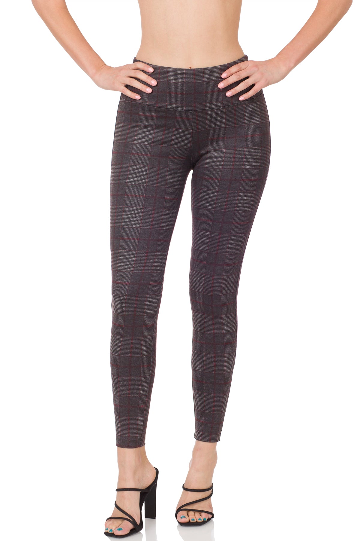 PLAID PULL-ON STRETCH SKINNY PANTS - GRAY