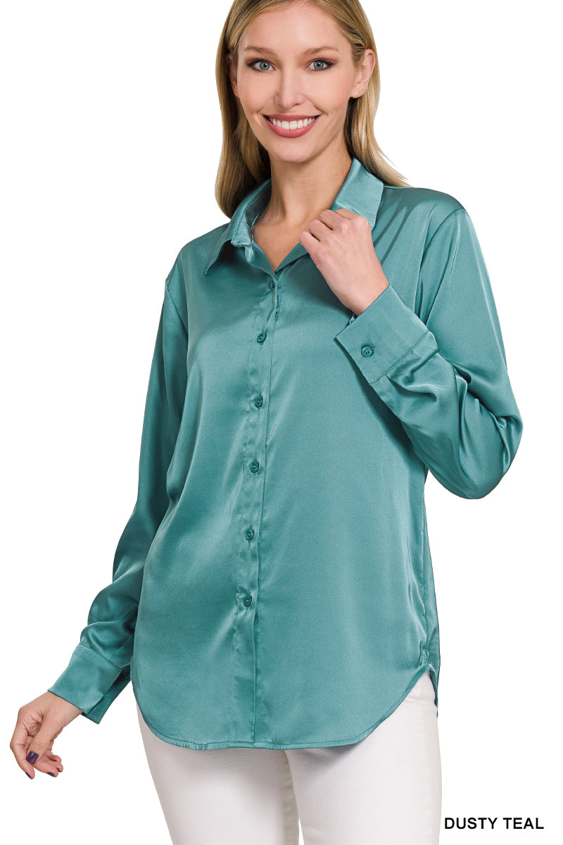 SATIN ABOUT YOU TOP - DUSTY TEAL