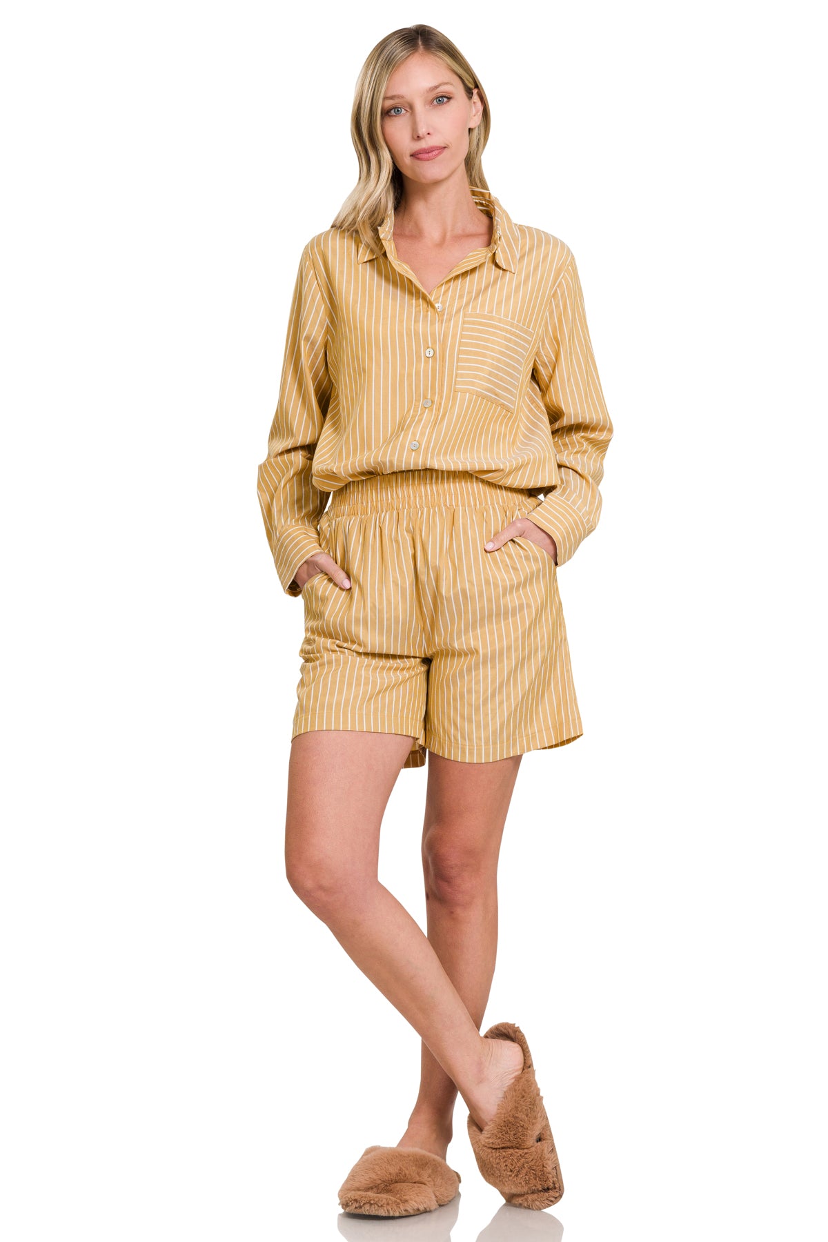 BUTTON DOWN LONG SLEEVE SHIRT AND SHORTS SET