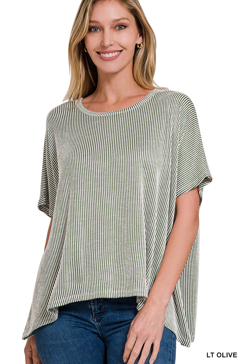 RIBBED STRIPED OVERSIZED TOP - OLIVE